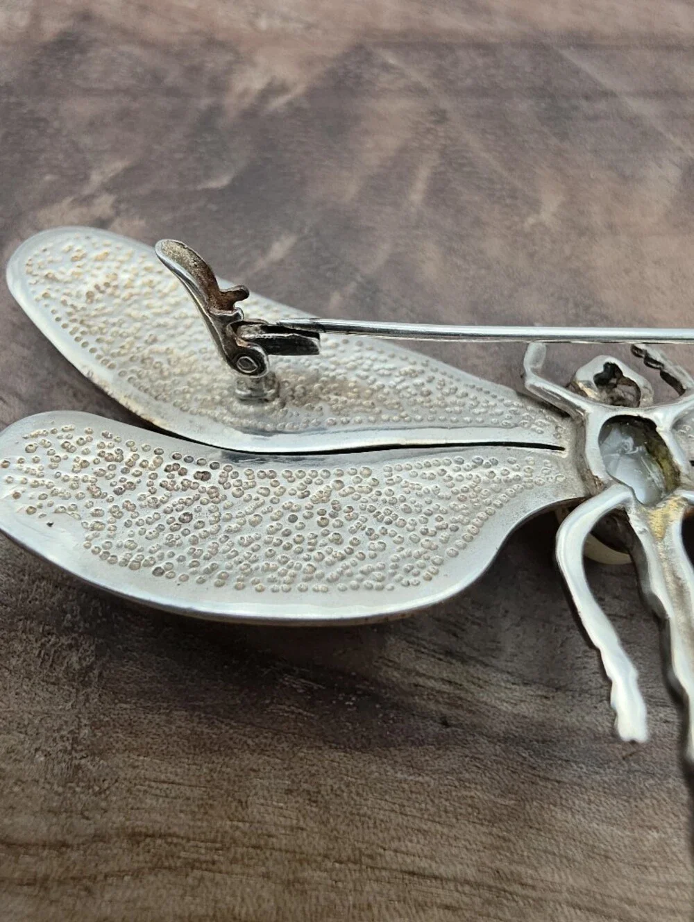 Vintage Dragonfly Insect Brooch Pearl Repousse Art Nouveau 925 Sterling Silver